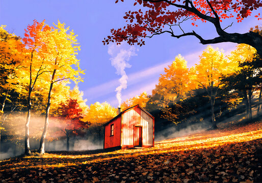 Cozy small cabin in autumn forest with smoke rising from chimney at sunset background