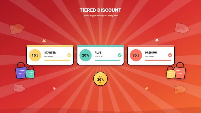 Tiered discount offers presented on colorful cards with shopping bags and starburst background for promotion