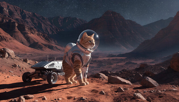 An adorable orange tabby cat astronaut exploring the surface of Mars, wearing a sleek white and silver spacesuit with a transparent round helmet, standing beside a small futuristic Mars rover, dramati