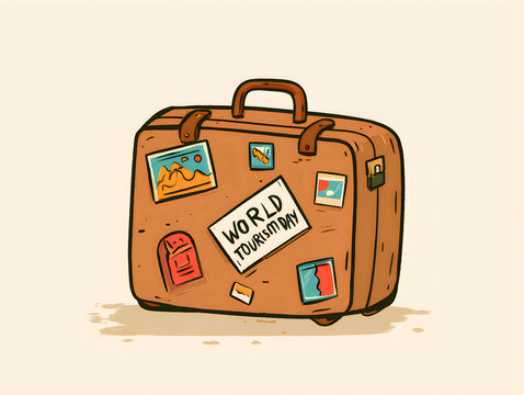 Vintage brown travel suitcase with world tourism day stickers and travel stamps