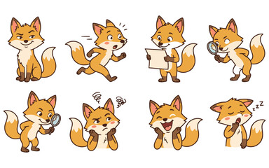 Obraz premium Cute cartoon fox character set with various poses and emotions