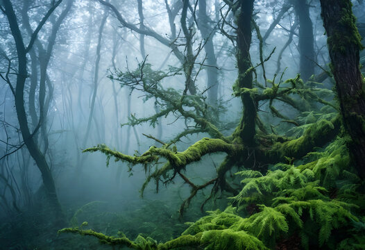 Mysterious foggy forest with mossy trees and lush green ferns, nature and wilderness landscape, environmental conservation