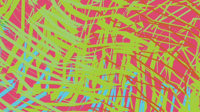 Dynamic chaotic scribbles on vibrant pink background featuring sharp angular lines in lime green and cyan creating energetic artistic effect.