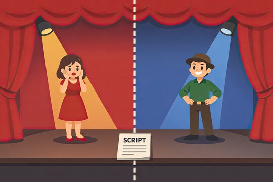 A pair of individuals standing on a stage, possibly preparing for a performance or presentation