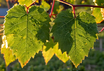 Naklejka premium Vineyard leaves with morning dew, viticulture and winemaking concept, fresh grape leaves in sunlight with water drops