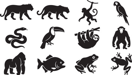 Naklejka premium Collection of black silhouettes featuring jungle and rainforest animals, including a tiger, panther, monkey, parrot, snake, toucan, sloth, chimpanzee, gorilla, piranha, and various frogs