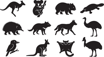 Obraz premium Collection of black silhouettes of australian wildlife including kangaroo, koala, wombat, platypus, echidna, tasmanian devil, dingo, emu, kookaburra, and sugar glider on a white background