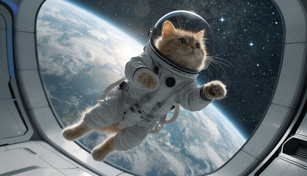A cute fluffy orange cat astronaut floating weightlessly inside a futuristic space station, wearing a detailed white spacesuit with a clear round helmet, tiny paws floating freely in zero gravity, lar
