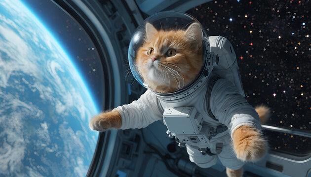 A cute fluffy orange cat astronaut floating weightlessly inside a futuristic space station, wearing a detailed white spacesuit with a clear round helmet, tiny paws floating freely in zero gravity, lar