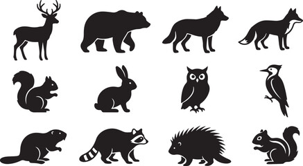 Fototapeta premium Set of black silhouette featuring north american forest animals including a deer, bear, wolf, fox, squirrel, rabbit, owl, woodpecker, beaver, raccoon, porcupine, and chipmunk on white background