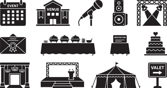 Set of black event planning and wedding featuring a calendar, venue building, microphone, stage lighting, catering buffet, wedding cake, podium, marquee tent, and valet parking sign