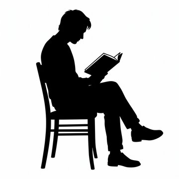 A black silhouette illustration of a man sitting on a wooden chair while deeply engrossed in reading a book against a clean white background