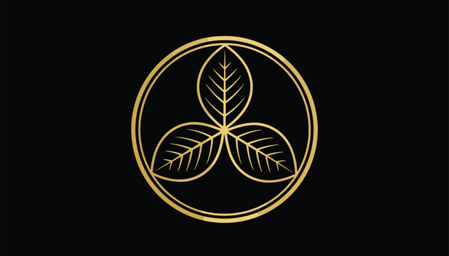 Golden crest featuring a symmetric three leaf clover design enclosed in a circular border against a solid black background.