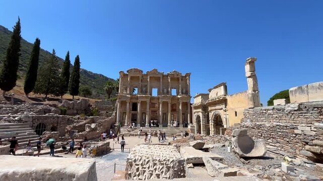 View of the iconic Celsus Library in the ancient city of Ephesus, Turkey, one of the best preserved Roman archaeological landmarks.