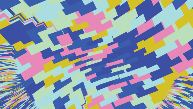 Dynamic tiled mosaic pattern with interlocking rectangles in blue yellow and pink for vibrant energetic wallpaper and modern graphic branding.
