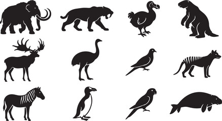 Naklejka premium Set of twelve black silhouette featuring extinct and endangered animals including a mammoth, saber-toothed tiger, dodo bird, giant ground sloth, irish elk, moa, passenger pigeon, and thylacine