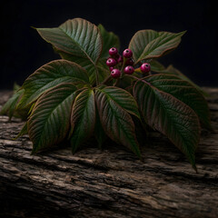 Fototapeta premium Autumnal plant with purple berries and green leaves on rustic wood, seasonal nature and botanical beauty