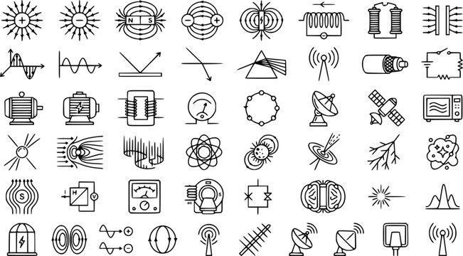 Electromagnetism Outline Icon Set. Collection of physics & astronomy line icons, including electromagnetism, magnetic field, electric field, physics, energy, and more. Editable stroke.