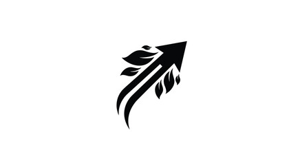 Naklejka premium Creative black emblem of an upward arrow flying rocket wrapped in growing tree leaves, symbolizing clean ecological growth.