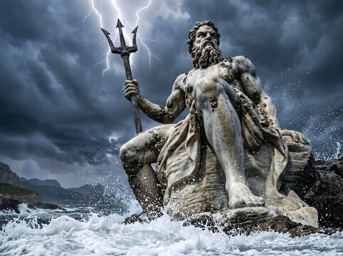 Powerful Sea God Statue Amidst Crashing Waves and Lightning Storm Over Ancient Waters