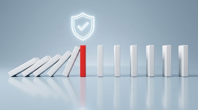 Vibrant red vertical block prevents white dominoes from collapsing under luminous digital shield graphic illustrating strategic defense and organizational resilience.