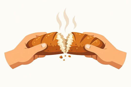 A split loaf of bread with a crack in the middle, held by two hands