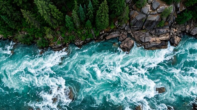 Overhead drone shot depicts powerful white water rapids surging through deep green pine forest and jagged granite cliffs within pristine wilderness mountain valley.