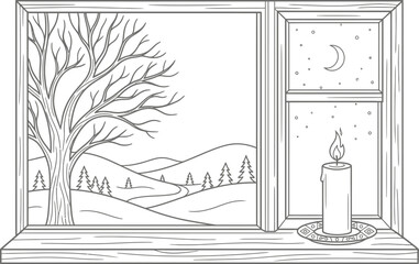 Fototapeta premium Cozy window view with winter landscape, bare tree, candle on windowsill, moon and stars line art vector illustration