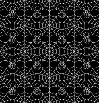 Halloween seamless pattern with spider web icon. Geometric rhombic grid. Simple style, white outline icons on black background.
