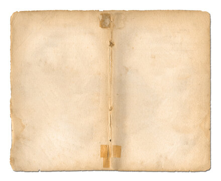 Aged stitched paper sheet isolated on white