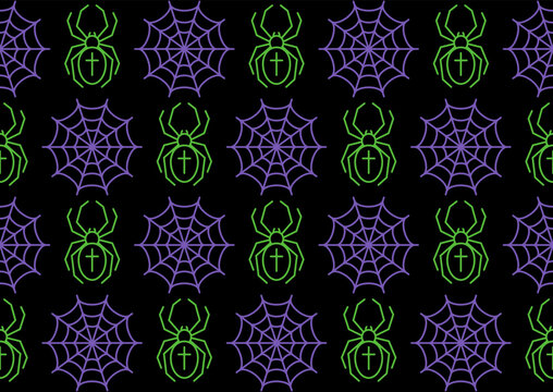 Halloween seamless pattern with spider and spider web icons. Alternating geometric grid on black background. Simple vector line art.