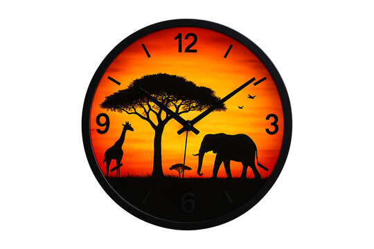 Safari sunset art clock with black frame and nature scene dial Isolated on a Transparent Background