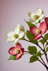 Naklejka premium Spring dogwood flowers nature and growth concept white and pink blossoms on a branch with green leaves studio shot