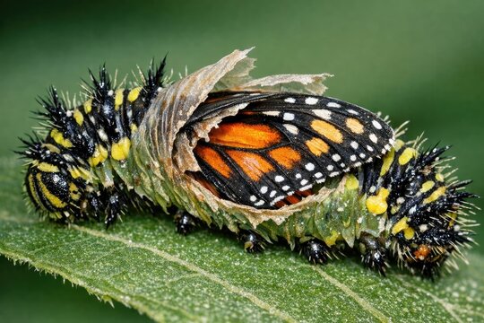 Close-up of a caterpillar transforming into a butterfly on a leaf, with details of the transformation process visible