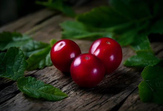 Healthy eating and superfood concept, fresh red cranberries with green leaves on rustic wooden background, antioxidant rich berries