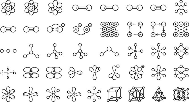 Chemical Bonding Outline Icon Set. Collection of chemistry & molecular science line icons, including chemical bonding, covalent bond, ionic bond, molecule, and more. Editable stroke.