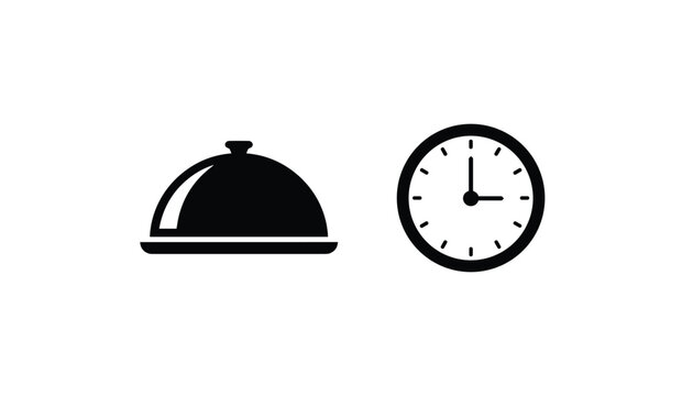 Food cloche platter and wall clock icons representing catering schedule, kitchen opening hours, or meal time concept.