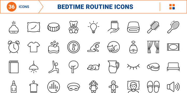 Bedtime routine line icon set. Vector pictograms of chart, sleep, night, and hygiene elements, thin linear illustration.