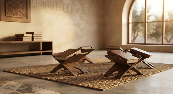 Islamic Quran Reading Room with Wooden Rehal Book Stands, Holy Books, and Arched Window Sunlight