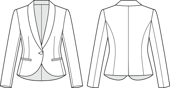 Flat sketch technical drawing of a tailored blazer with shawl collar, single button closure, and welt pockets.