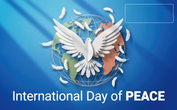 International day of peace background with a white dove and a globe on a blue background