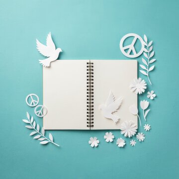 Open spiral notebook surrounded by paper cutouts of peace symbols doves and flowers on blue background