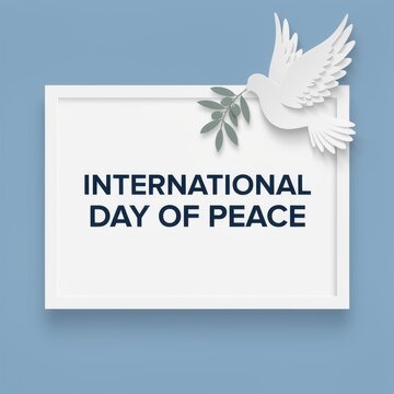 International day of peace greeting card design with a white dove holding an olive branch on blue background