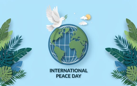 International peace day greeting card design with a paper cut style globe and a white dove flying