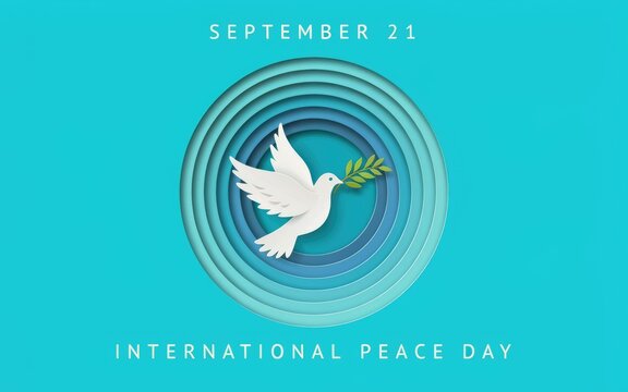 International day of peace poster design featuring a white dove holding an olive branch on blue background