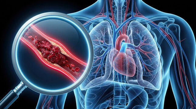 Human torso showing lungs and heart with magnified artery blockage, illustrating cardiovascular disease, blood clot, cholesterol buildup, and circulatory health concerns in medical anatomy