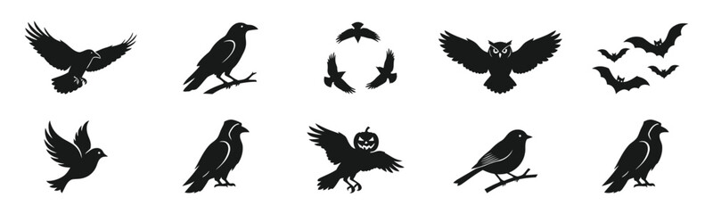 Naklejka premium Collection of raven crow and bat silhouettes for dark gothic themes