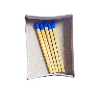 A small cardboard box filled with several wooden matchsticks featuring bright blue tips for lighting fire
