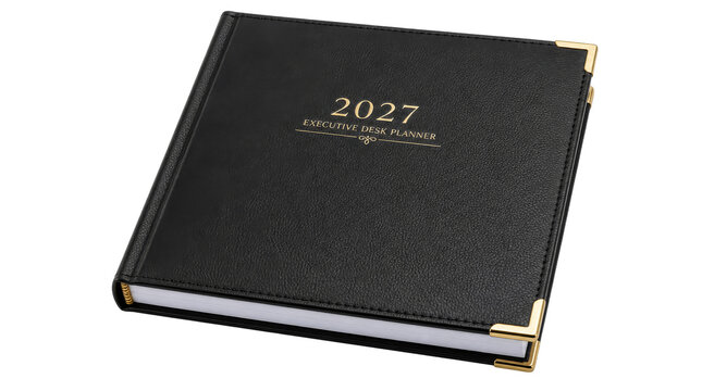 2027 Executive Desk Planner PNG Black Leather Notebook With Gold Accents