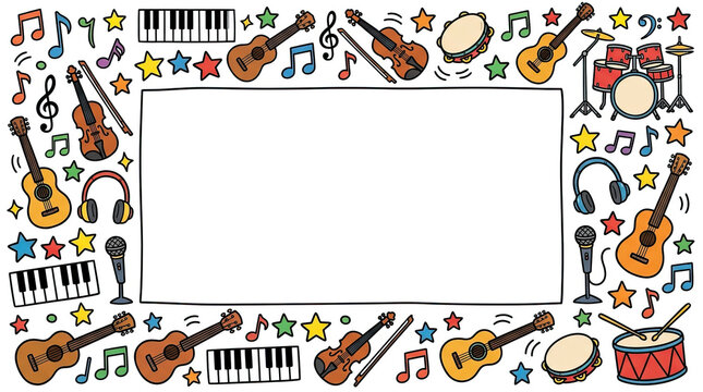 Music school doodle border frame with blank white center, colorful instrument illustration and playful creative design for educational poster or lesson